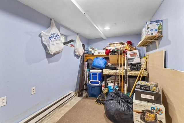 storage room featuring baseboard heating