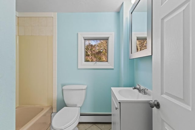 full bathroom featuring shower / bathing tub combination, vanity, tile patterned flooring, toilet, and a baseboard radiator