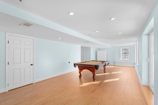 game room featuring light hardwood / wood-style floors and billiards