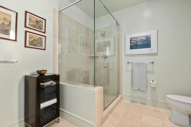 2400 Beacon St Unit 203, Boston, MA 02467 - bathroom featuring toilet, a stall shower, tile patterned floors, and baseboards