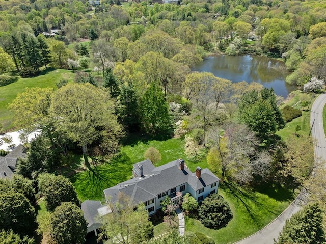 view of property location featuring a large body of water and a forest