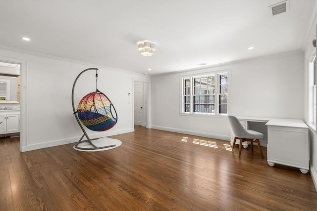 rec room with ornamental molding, dark wood finished floors, baseboards, and recessed lighting