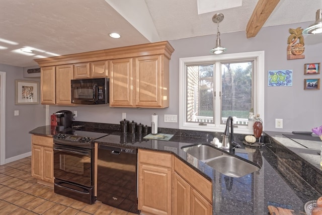 kitchen with black appliances, sink, a textured ceiling, beamed ceiling, and decorative light fixtures