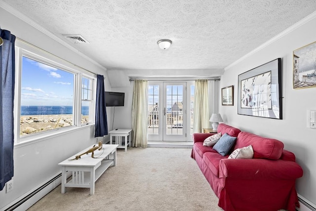 carpeted living room with crown molding, a textured ceiling, and a baseboard radiator