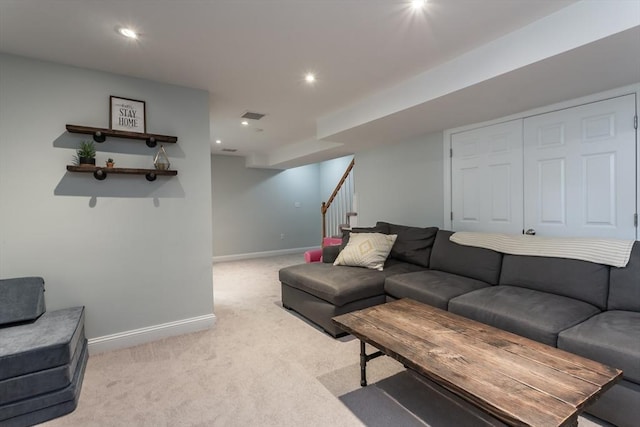 34 Bates St Unit 34, Abington, MA 02351 - living area with light colored carpet, baseboards, stairway, and recessed lighting