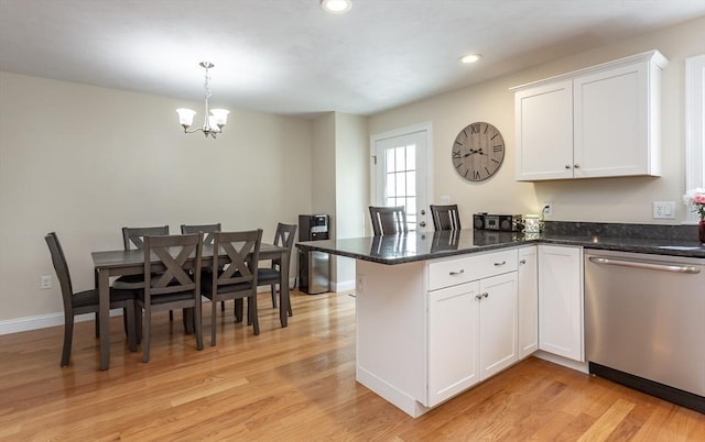 34 Bates St Unit 34, Abington, MA 02351 - kitchen with dishwasher, a chandelier, a peninsula, white cabinets, and light wood-style flooring