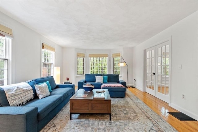 living area featuring plenty of natural light, wood finished floors, french doors, and baseboards