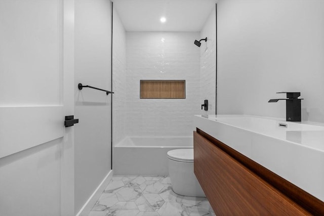 7 Denvir St Unit 2, Boston, MA 02124 - bathroom with bathing tub / shower combination, toilet, marble finish flooring, vanity, and recessed lighting