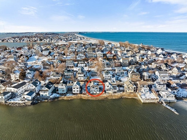 aerial view featuring a residential view and a water view