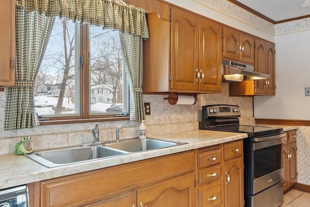 kitchen with electric stove, a healthy amount of sunlight, a sink, and under cabinet range hood