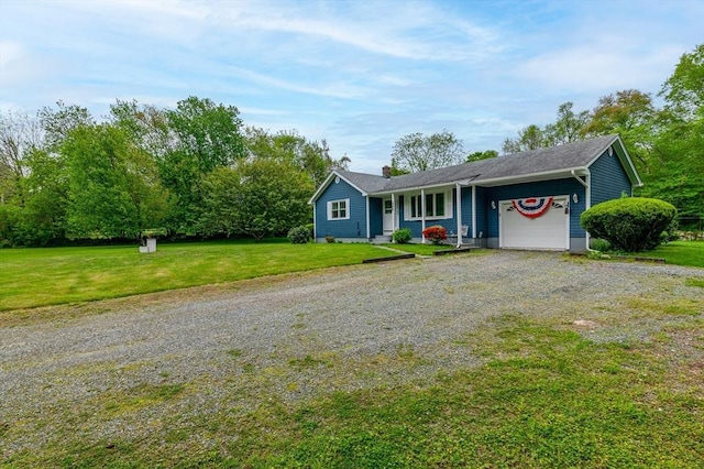 286 Narrow Ave, Westport, MA 02790 - single story home with an attached garage, driveway, a front yard, and a chimney