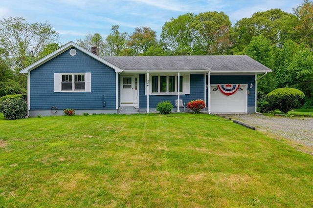286 Narrow Ave, Westport, MA 02790 - ranch-style house featuring an attached garage, a chimney, gravel driveway, and a front lawn