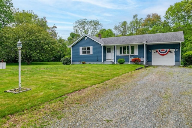 286 Narrow Ave, Westport, MA 02790 - ranch-style home with a garage, gravel driveway, a front lawn, and a chimney