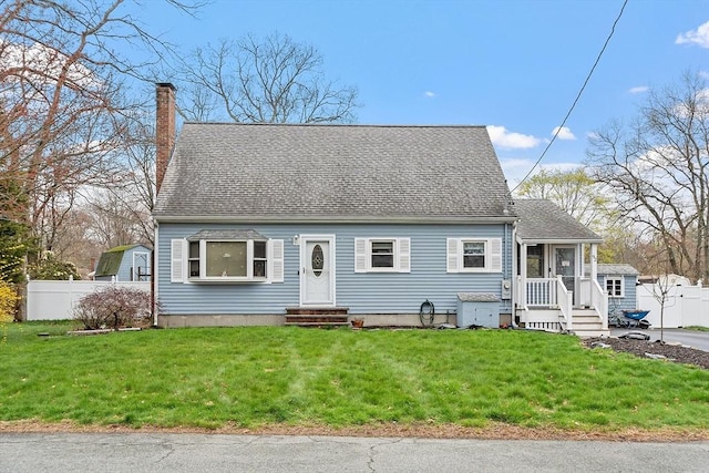 92 Hilltop Rd, Whitman, MA 02382 - cape cod house featuring a chimney, a shingled roof, fence, entry steps, and a front yard