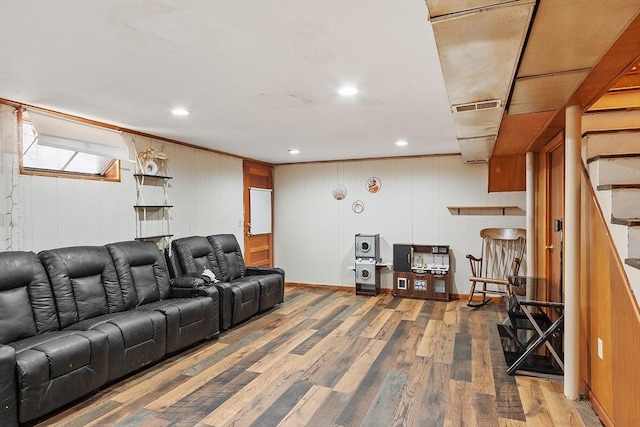 92 Hilltop Rd, Whitman, MA 02382 - living area featuring visible vents, wood finished floors, recessed lighting, and stairway
