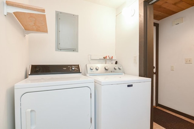 laundry room featuring electric panel and washer and dryer