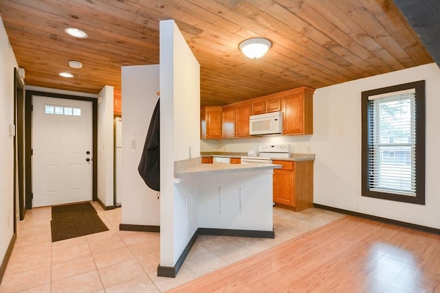 kitchen featuring kitchen peninsula, light tile patterned flooring, wood ceiling, and white appliances