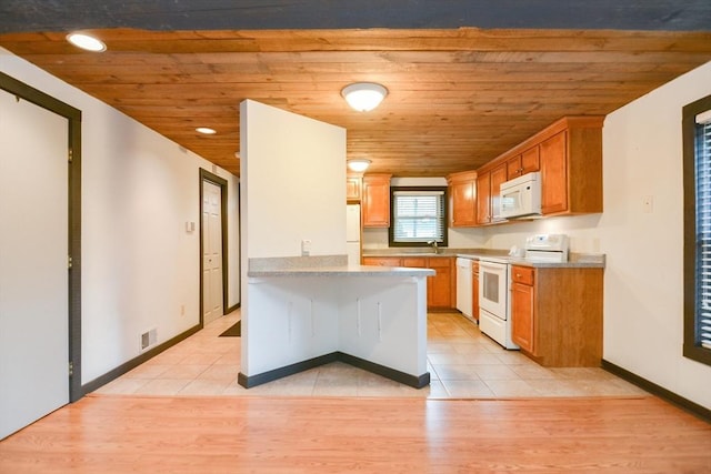 kitchen with sink, light tile patterned floors, white appliances, and wood ceiling