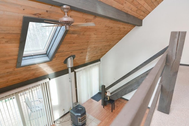 interior details with a skylight, ceiling fan, beamed ceiling, and wood ceiling