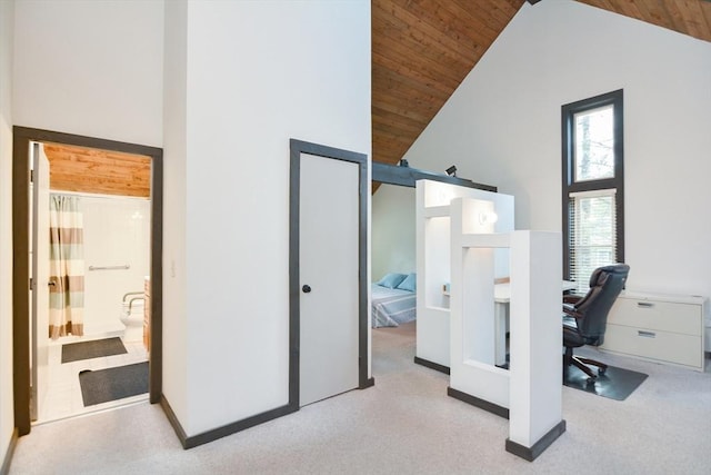 home office featuring light carpet, high vaulted ceiling, and wood ceiling