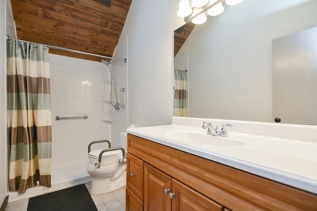 bathroom with vanity, vaulted ceiling, tile patterned flooring, toilet, and curtained shower