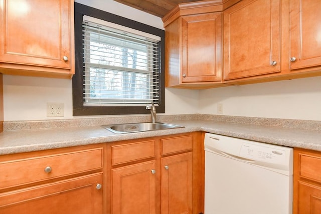 kitchen with dishwasher, wood ceiling, and sink