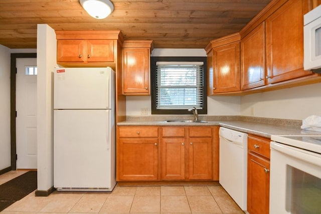 kitchen featuring sink, light tile patterned floors, wooden ceiling, and white appliances