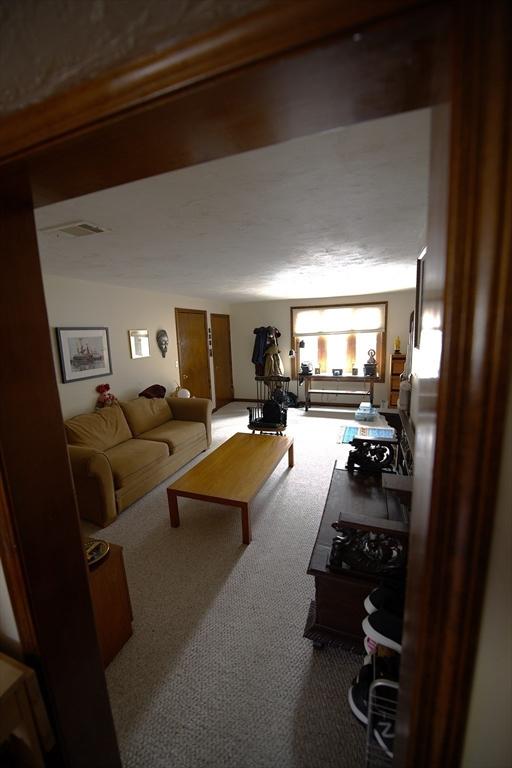 living area featuring carpet floors and visible vents