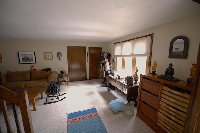 bedroom featuring light carpet