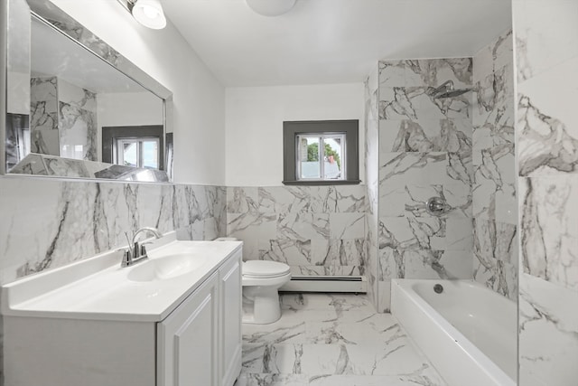 full bathroom with vanity, shower / washtub combination, toilet, tile walls, and a baseboard radiator