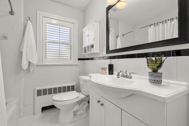 10 Morse Rd, Wayland, MA 01778 - full bath featuring radiator, tile walls, vanity, shower / bath combo with shower curtain, and tile patterned flooring