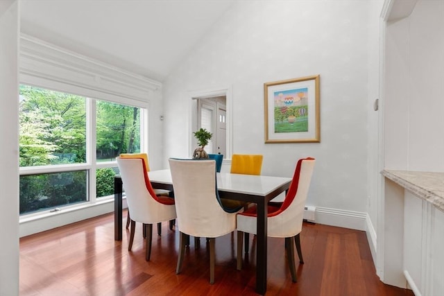 1 Croftdale, Newton, MA 02459 - dining space with healthy amount of natural light, vaulted ceiling, wood finished floors, and a baseboard heating unit