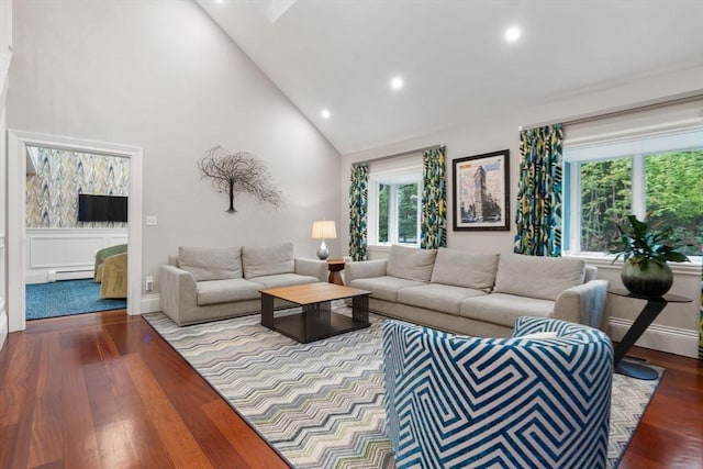 1 Croftdale, Newton, MA 02459 - living room featuring wood finished floors, high vaulted ceiling, recessed lighting, a baseboard heating unit, and baseboards