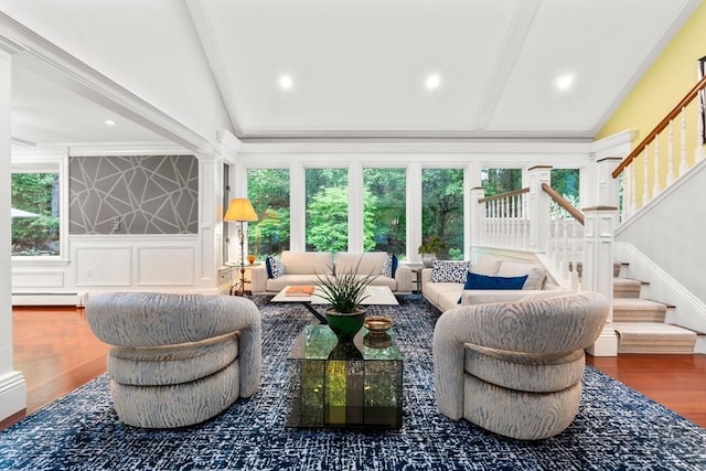 1 Croftdale, Newton, MA 02459 - living room featuring plenty of natural light, stairs, wood finished floors, crown molding, and recessed lighting
