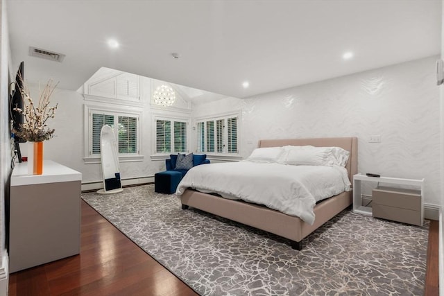 1 Croftdale, Newton, MA 02459 - bedroom featuring wallpapered walls, wood finished floors, a baseboard heating unit, recessed lighting, and lofted ceiling