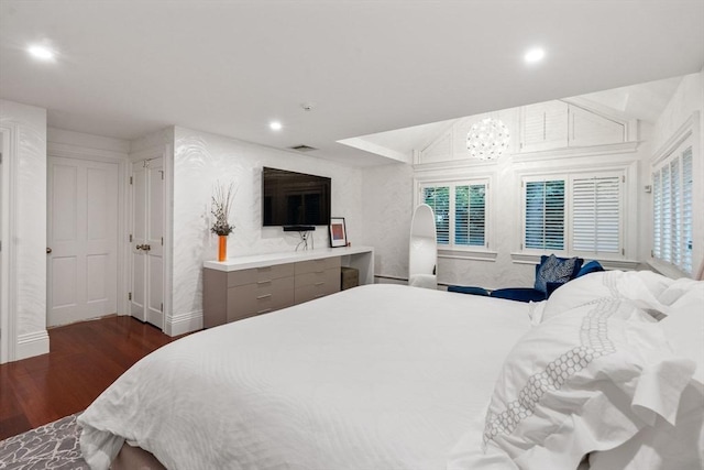1 Croftdale, Newton, MA 02459 - bedroom with dark wood finished floors, recessed lighting, vaulted ceiling, and baseboards