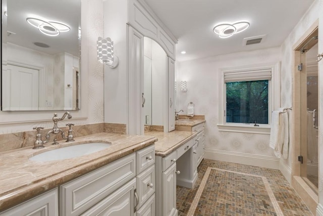 1 Croftdale, Newton, MA 02459 - bathroom featuring a shower stall, two vanities, tile patterned flooring, and baseboards