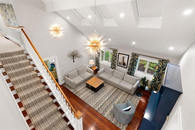 1 Croftdale, Newton, MA 02459 - living area featuring wood finished floors, recessed lighting, stairs, and a chandelier