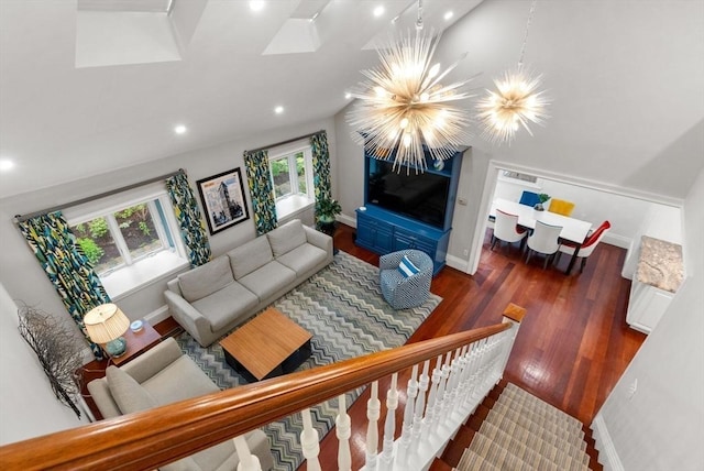 1 Croftdale, Newton, MA 02459 - living area with a chandelier, wood finished floors, baseboards, and recessed lighting