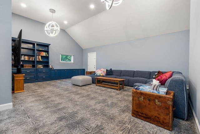1 Croftdale, Newton, MA 02459 - living room featuring lofted ceiling, carpet floors, a chandelier, and baseboards