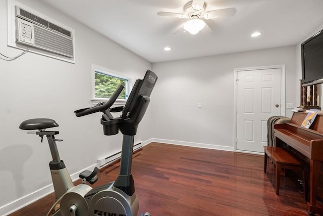 1 Croftdale, Newton, MA 02459 - exercise area featuring dark wood-style floors, an AC wall unit, recessed lighting, ceiling fan, and baseboards