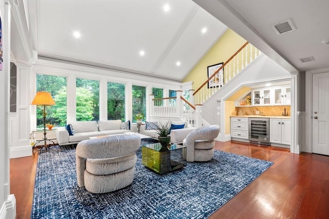 1 Croftdale, Newton, MA 02459 - living room with beverage cooler, a dry bar, stairway, wood finished floors, and recessed lighting