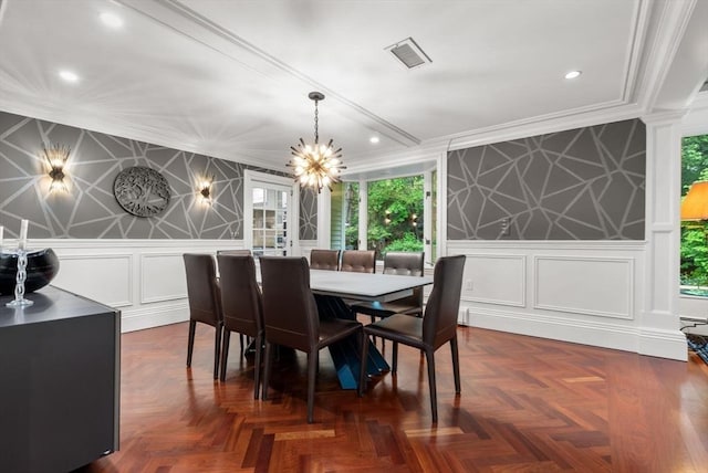 1 Croftdale, Newton, MA 02459 - dining room featuring a decorative wall, a chandelier, crown molding, and recessed lighting