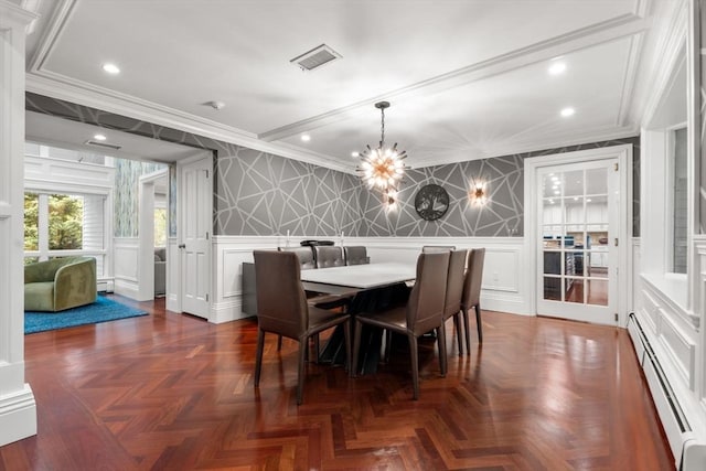 1 Croftdale, Newton, MA 02459 - dining area featuring a baseboard radiator, a decorative wall, crown molding, a chandelier, and recessed lighting