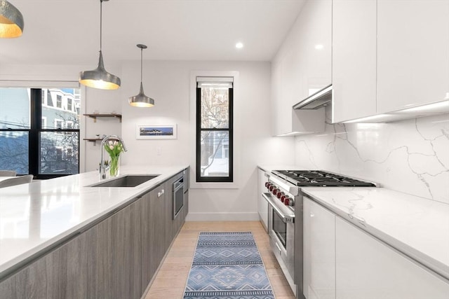 kitchen with high end stainless steel range, white cabinets, a sink, modern cabinets, and exhaust hood