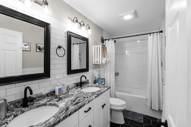 2 Jason Ter, Fairhaven, MA 02719 - full bath featuring double vanity, tile patterned floors, toilet, shower / bath combo with shower curtain, and backsplash