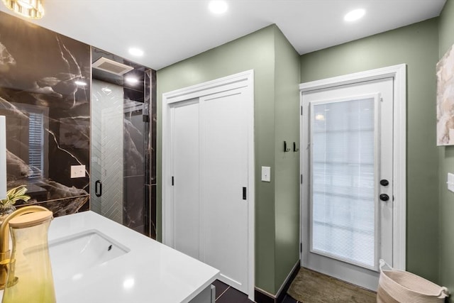 2 Jason Ter, Fairhaven, MA 02719 - bathroom with a marble finish shower, vanity, and recessed lighting