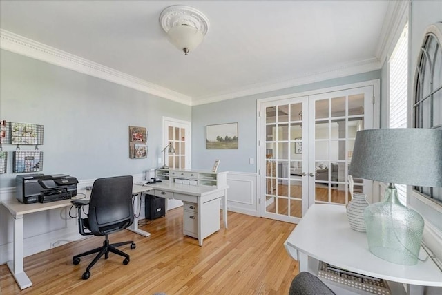 33 Freeman Dr, Plymouth, MA 02360 - office space with french doors, crown molding, light wood-type flooring, and a wainscoted wall