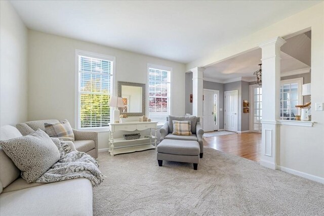 33 Freeman Dr, Plymouth, MA 02360 - carpeted living room with ornate columns, baseboards, and crown molding
