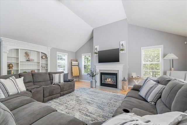 33 Freeman Dr, Plymouth, MA 02360 - living area featuring baseboards, high vaulted ceiling, a high end fireplace, and wood finished floors